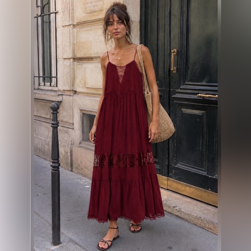 Zara Burgundy Lace Midi Romantic Dress Size Medium Whimsigoth Slip Dress NWT